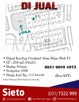 Dijual Kavling Citraland Alam Hijau Blok F1, Harga 11,2juta