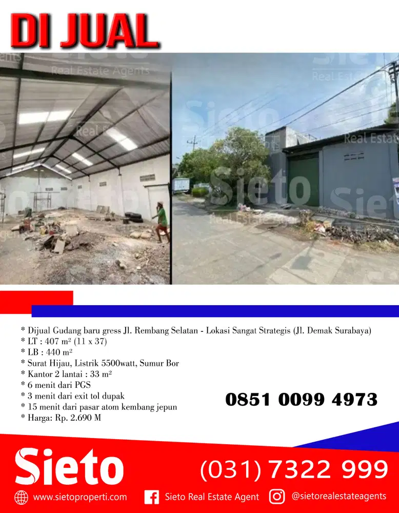 Dijual Cepat Gudang Baru Jl. Rembang Selatan - Lokasi Sangat Strategis