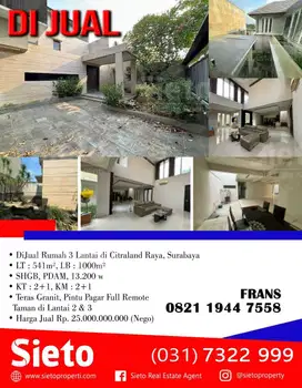 DiJual Rumah 3 Lantai di Citraland Raya, Surabaya