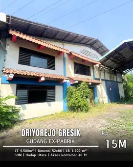 Dijual gudang ex pabrik raya Driyorejo Gresik bebas banjir