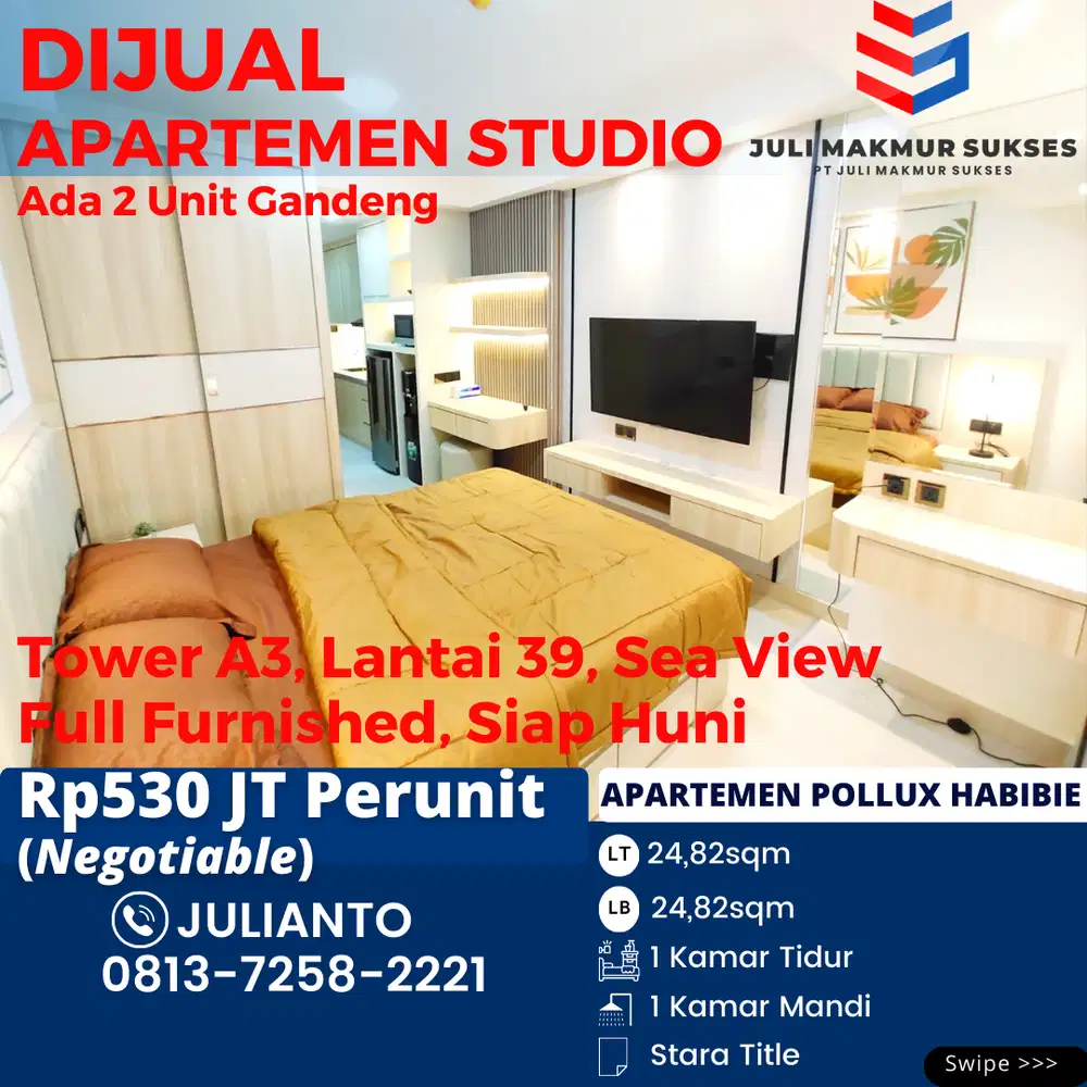 Dijual 2 Unit Gandeng Apartemen Studio Full Furnished di Pollux Batam