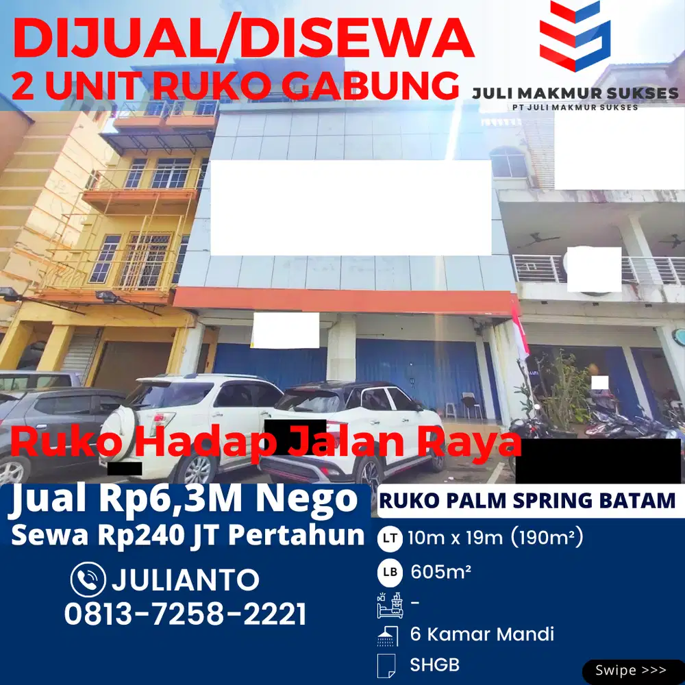 Dijual CEPAT 2 Unit Ruko Gabung Hdp Jln Raya di Palm Spring Batam