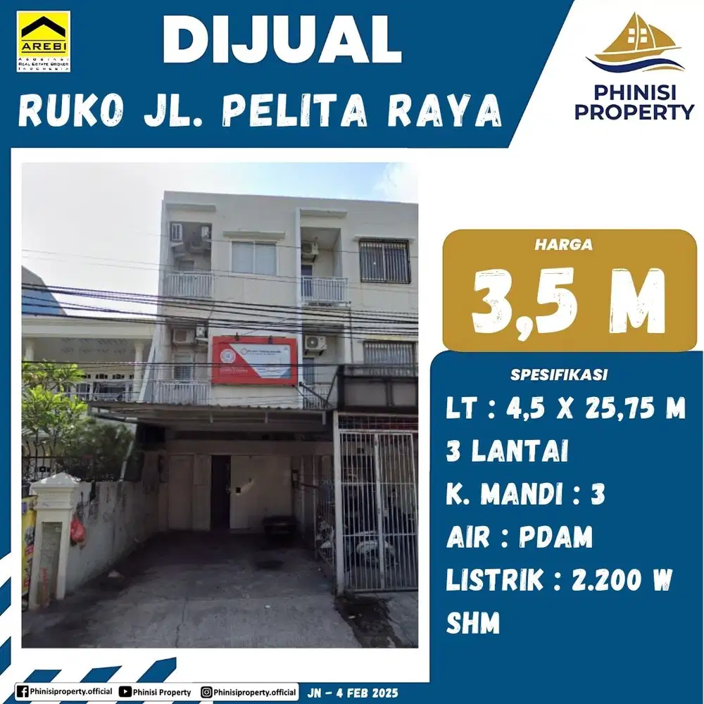 DIJUAL Ruko Tengah Kota Posisi Strategis di Jalan Pelita Raya