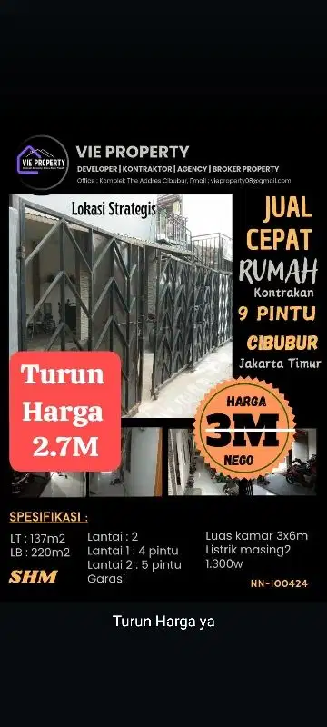 rumah dan kontrakan di jual murah di cibubur grecep BU