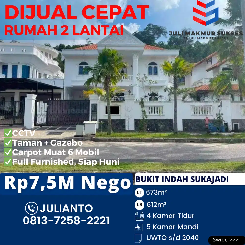 Dijual CEPAT Rumah 2 Lantai Full Furnished di Bukit Indah Sukajadi