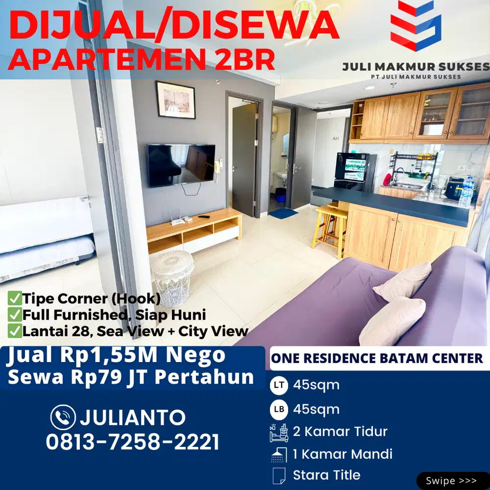 Dijual Apartemen 2BR Full Furnished Siap Huni di One Residence Batam