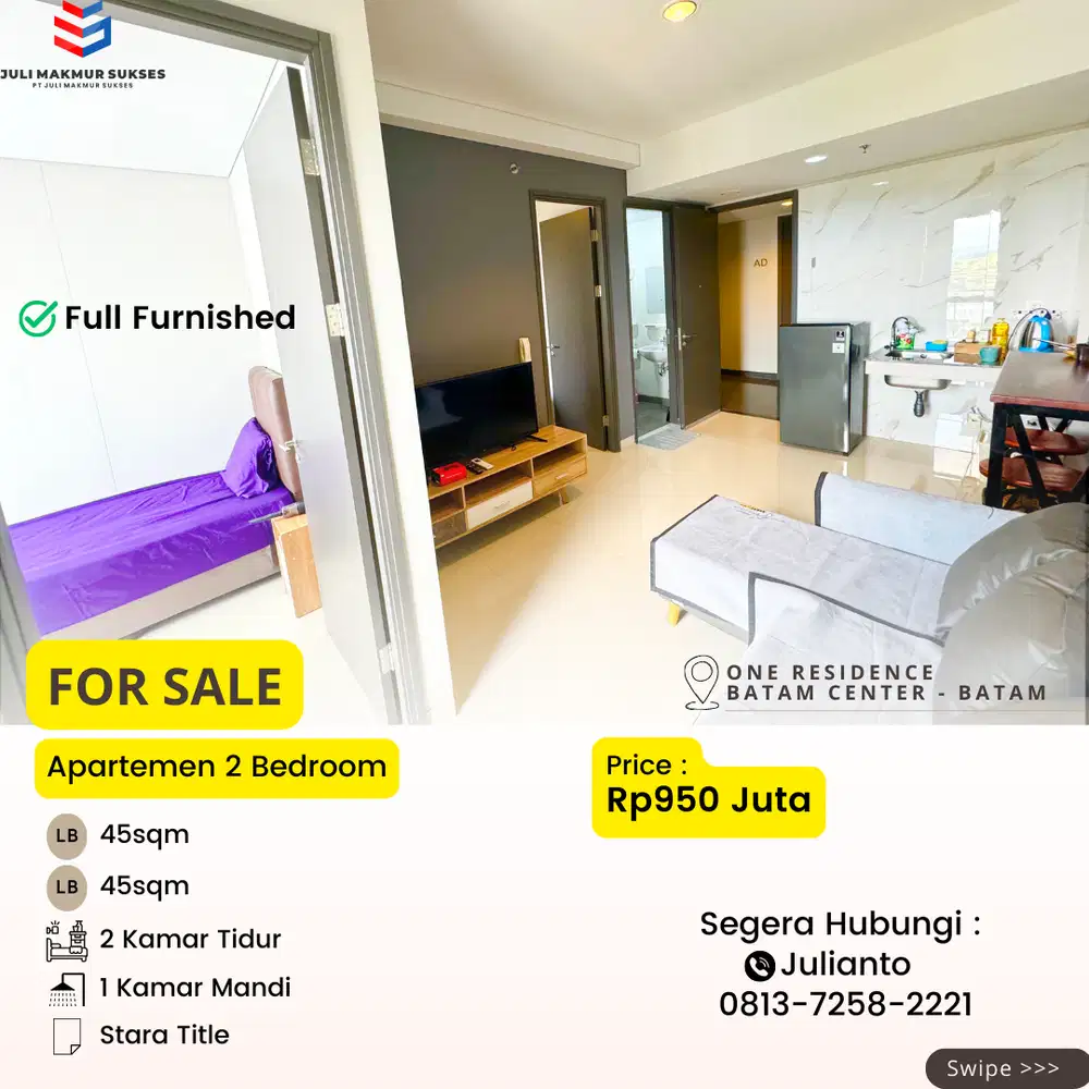 Dijual CEPAT Apartemen 2BR Full Furnished di One Residence Batam Cente
