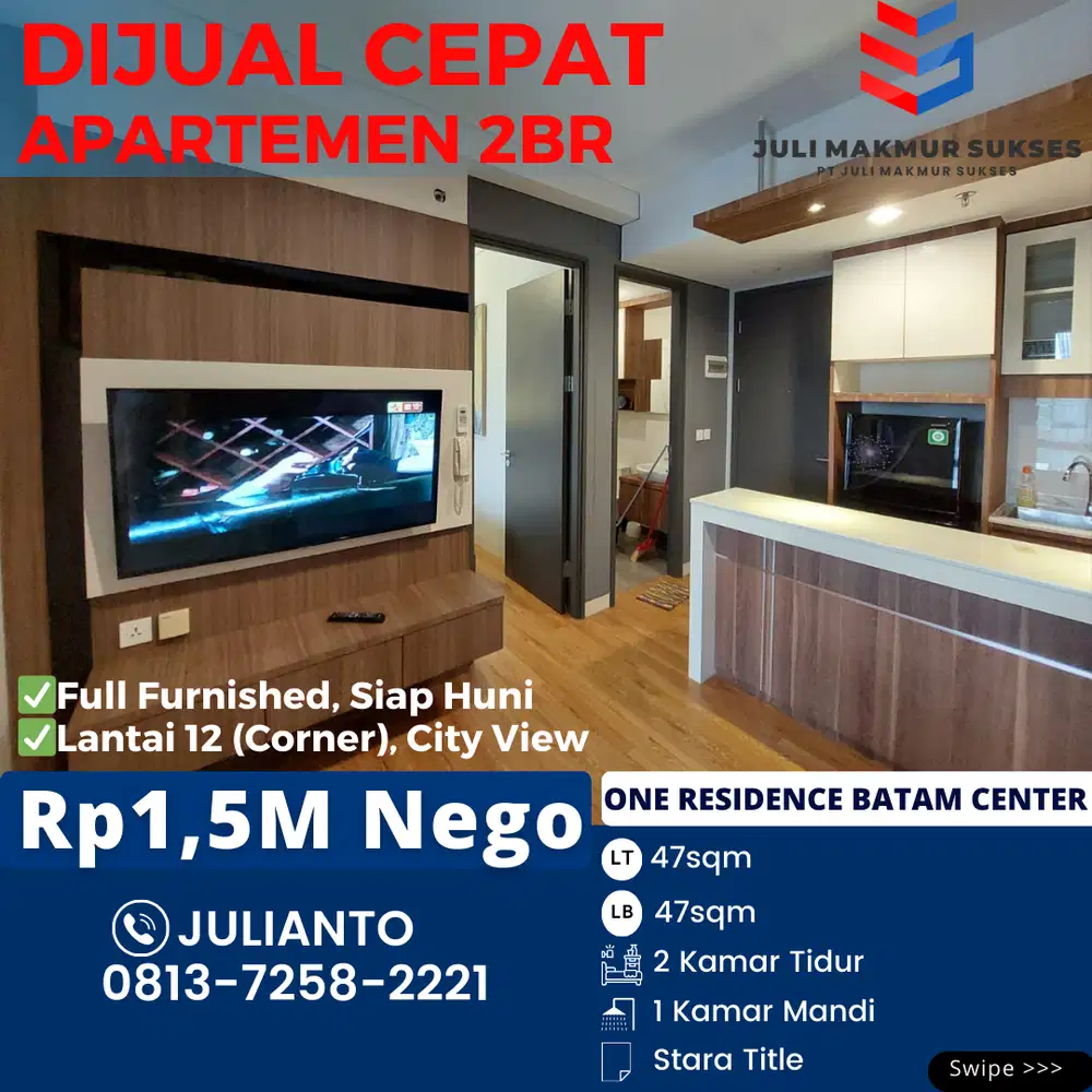 Dijual CEPAT Apartemen 2BR Full Furnished di One Residence Batam