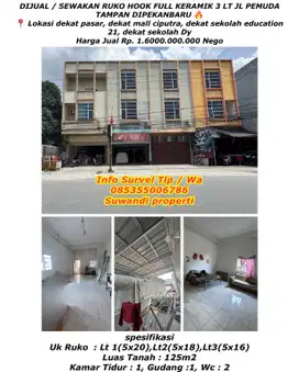 Dijual/sewakan ruko hook full keramik 3 lt jl.pemuda tampan