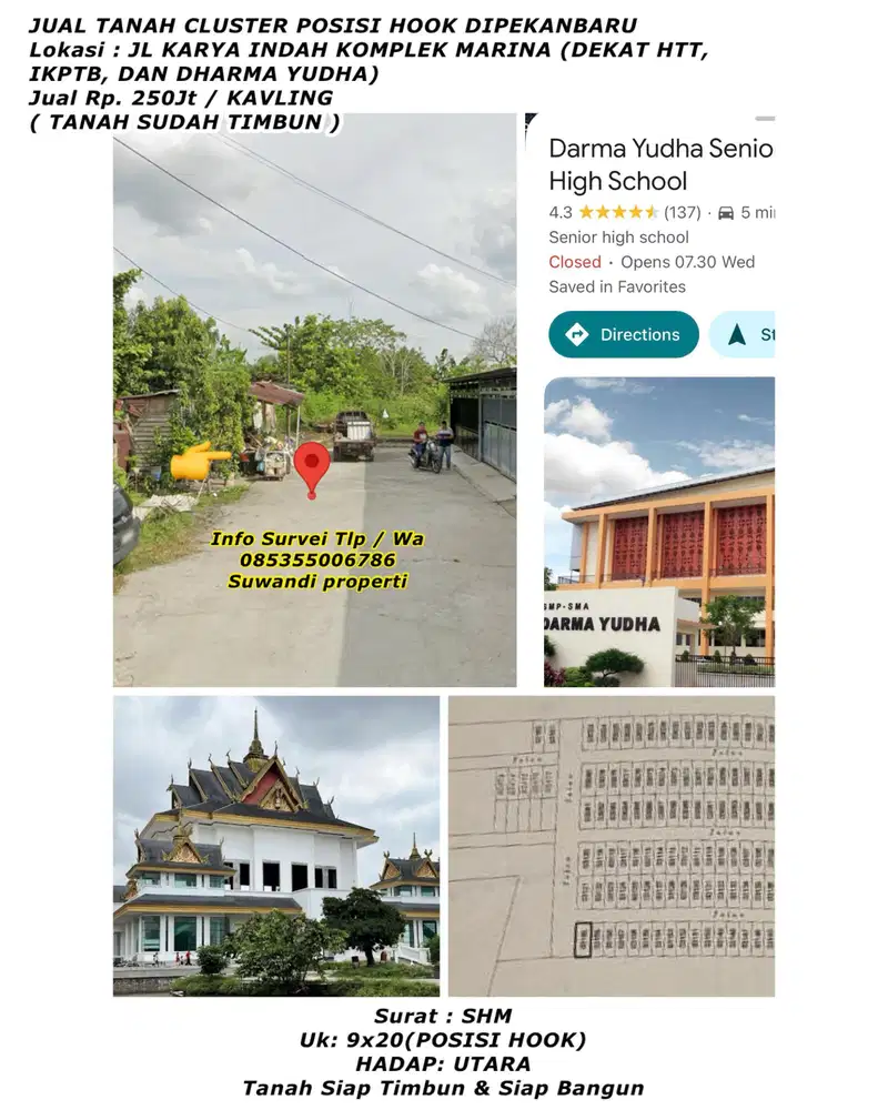 Jual tanah cluster posisi hook jln.karya indah komplek marina