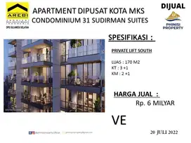 DIJUAL APARTMENT KONDOMINIUM 31 SUDIRMAN PRIVATE LIFT SOUTH MAKASSAR