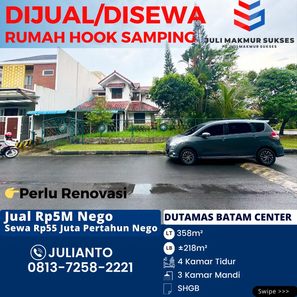 Dijual CEPAT Rumah Hook Samping Row Jln Utama di Dutamas Batam Center