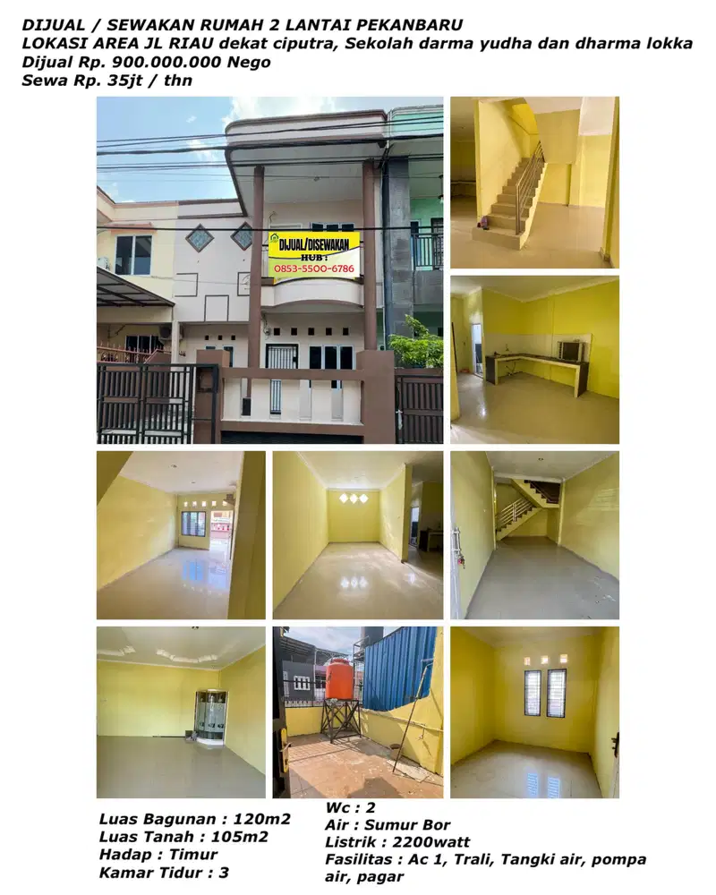 Dijual/sewakan rumah 2 lantai pekanbaru jln.riau