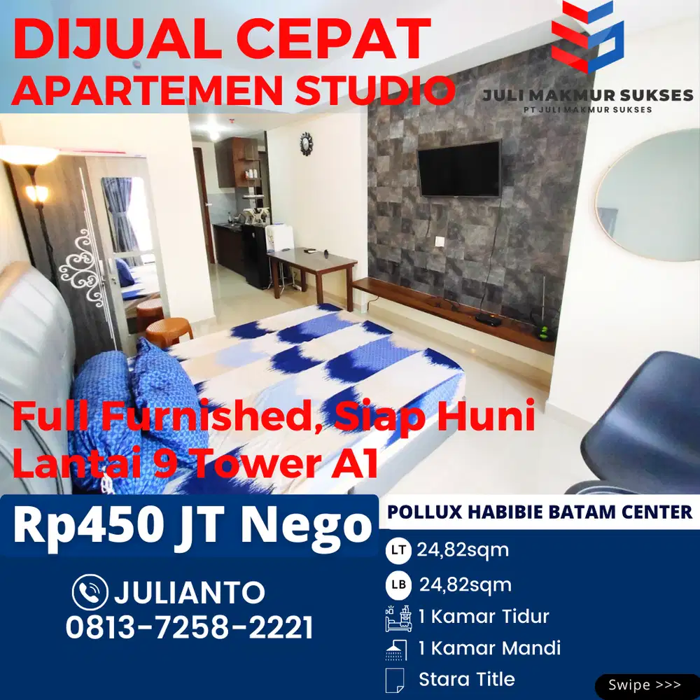 Dijual CEPAT Apartemen Studio Full Furnished di Pollux Habibie Batam