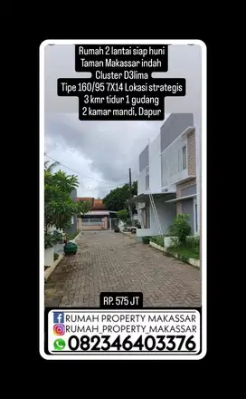 Rumah 2 lantai siap huni Taman Makassar indah cluster D3lima T160/95