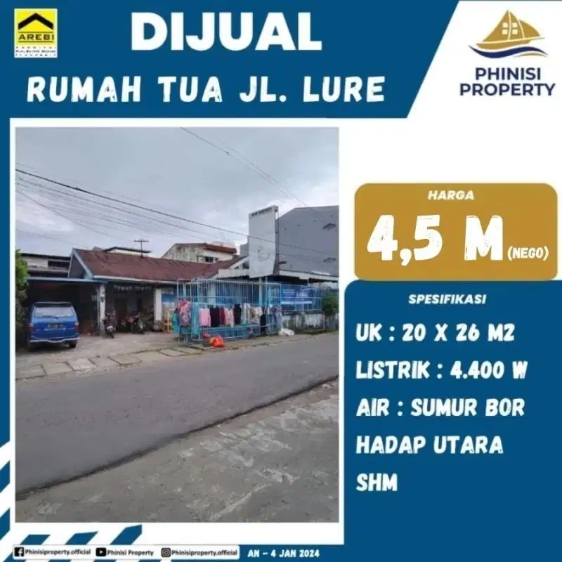 DIJUAL Rumah Tua Besar di Jalan Lure dekat Jalan Veteran