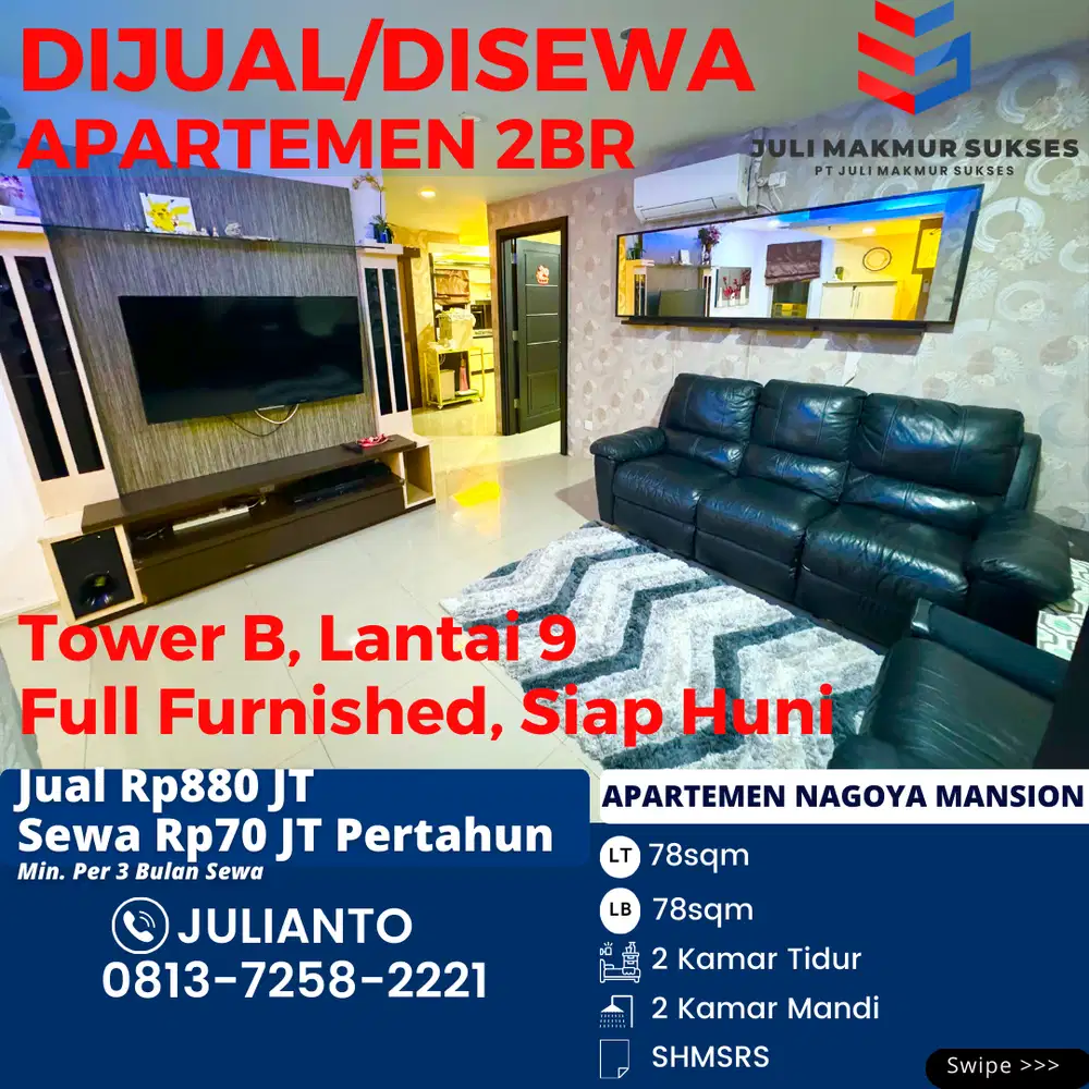 Dijual Apartemen 2BR Full Furnished Siap Huni di Nagoya Mansion Batam