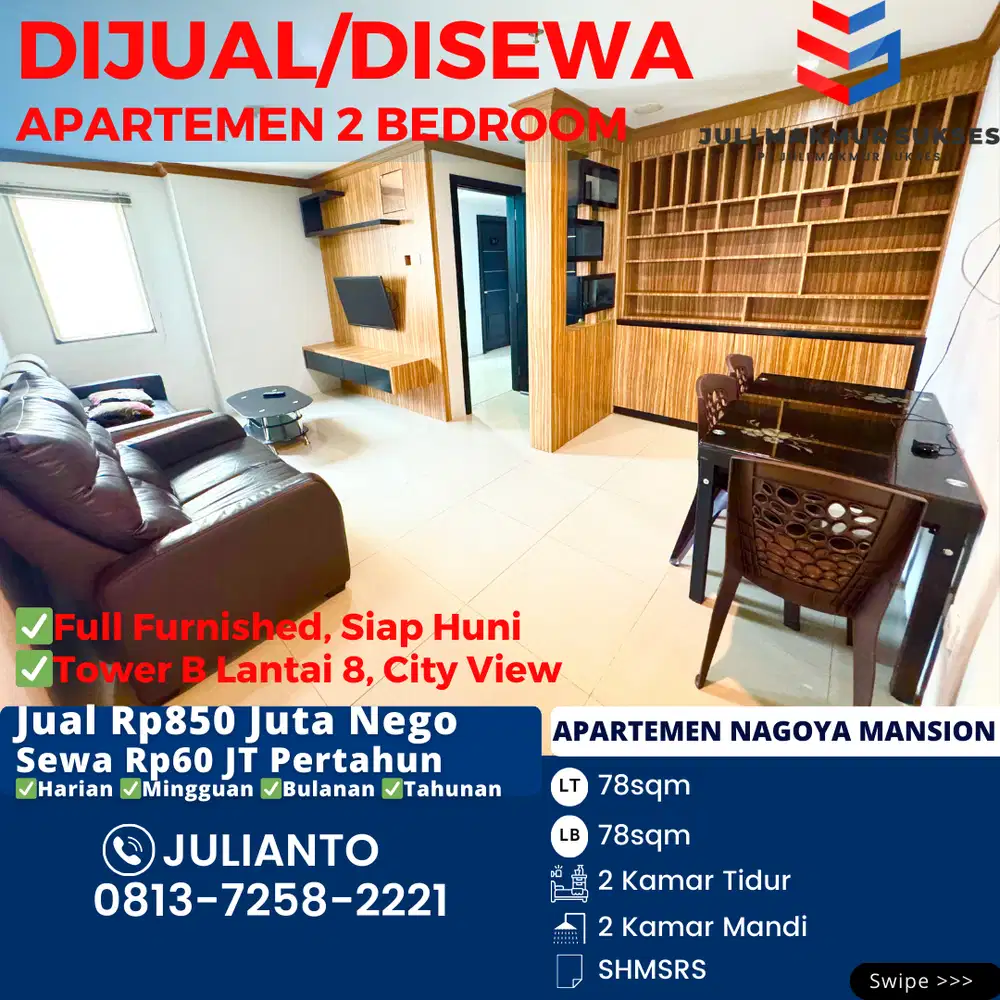 Dijual MURAH Apartemen 2BR Full Furnished Siap Huni di Nagoya Mansion