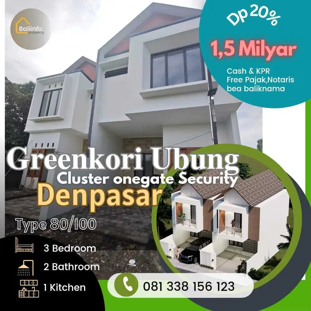 Jual Rumah 3 kamar Cluster onegate security Greenkori Ubung Denpasar
