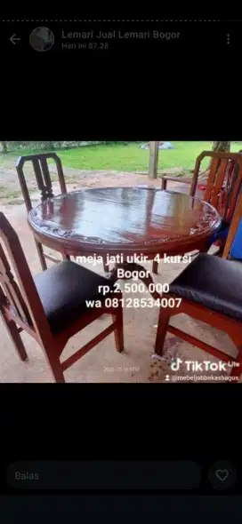 Meja makan jati 4 kursi  bundar ukir bekas dah melamin