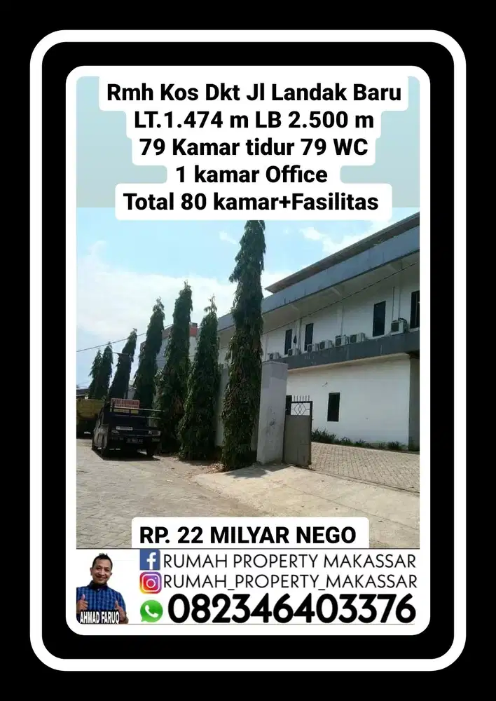 Rumah Kos Dkt Jl Landak Baru LT1.474 m LB 2.500 m  80 Kamar 80 WC