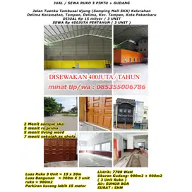Jual/sewa ruko 3 pintu + gudang jln.tuanku tambusai ujung