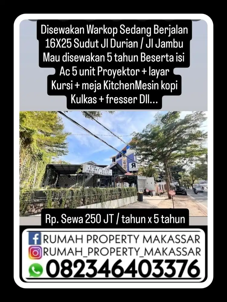Disewakan Warkop Sedang Berjalan 16X25 Sudut Jl Durian / Jl Jambu
