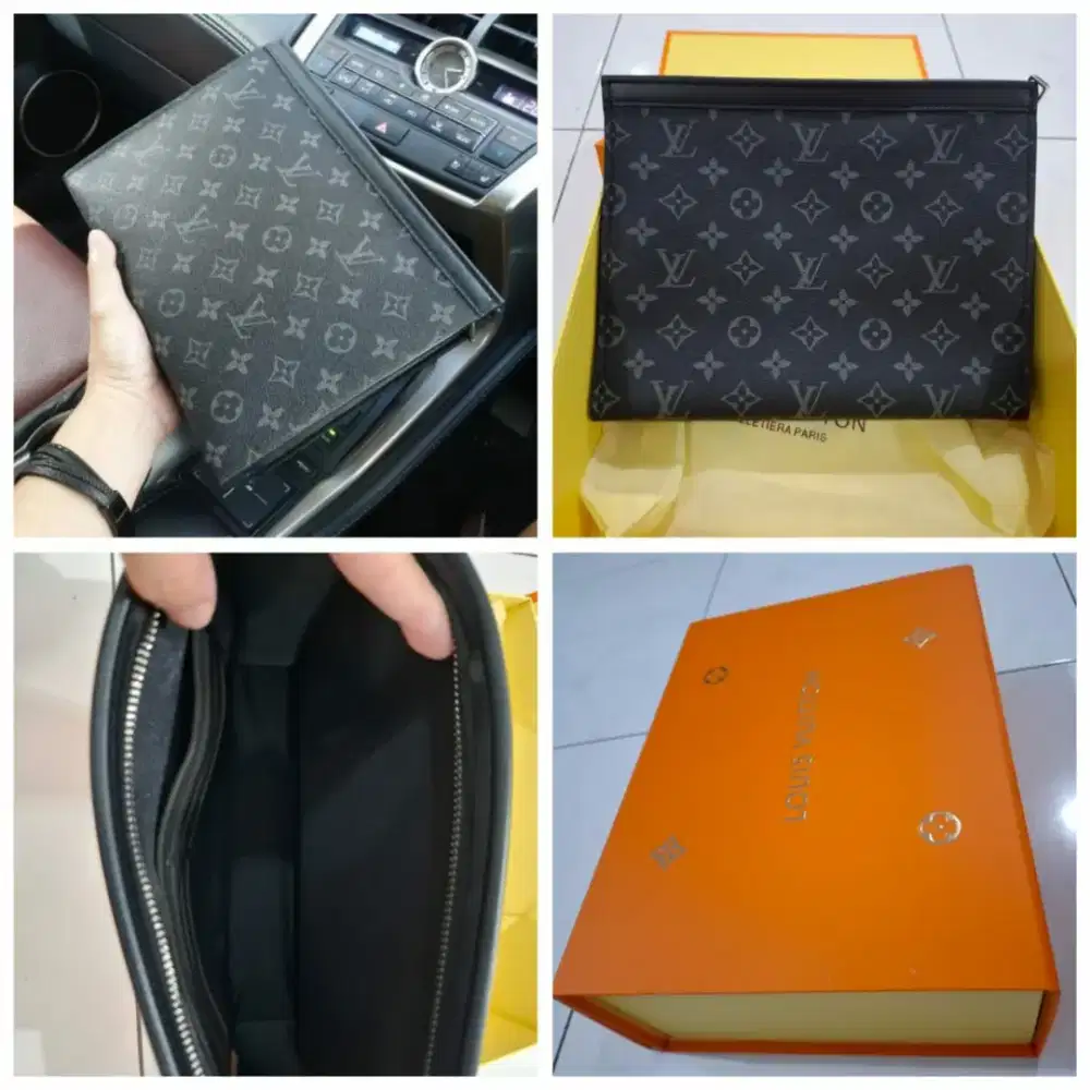 Clutch LV monogram eclipse black model keren lengkap box lv real pic