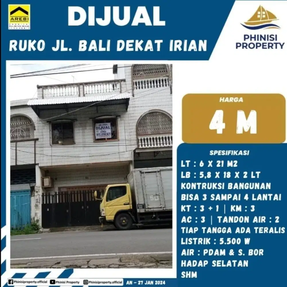 DIJUAL Ruko Lokasi Strategis di Jalan Bali dekat Jl Irian dan Sulawesi