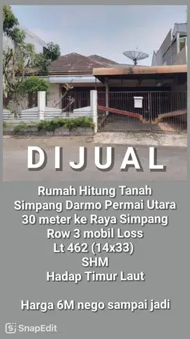 Dijual Rumah Jl Simpang Darmo Permai Utara