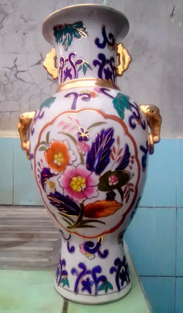 Guci Keramik Asli Motif Bunga, 40cm, Bukan Tanah Liat/Melamin/Plastik