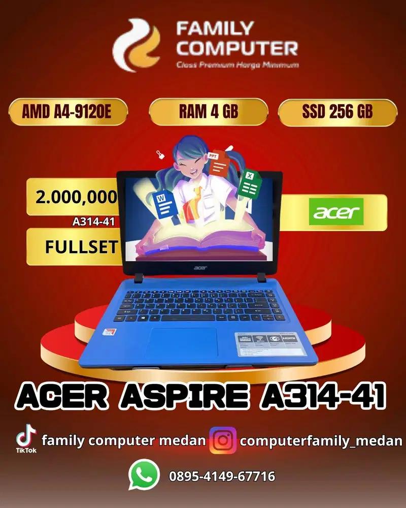 ACER ASPIRE A314-41 14INC HD|AMD A4-9120|RAM 4GB|SSD 256GB|FULLSET|OKE