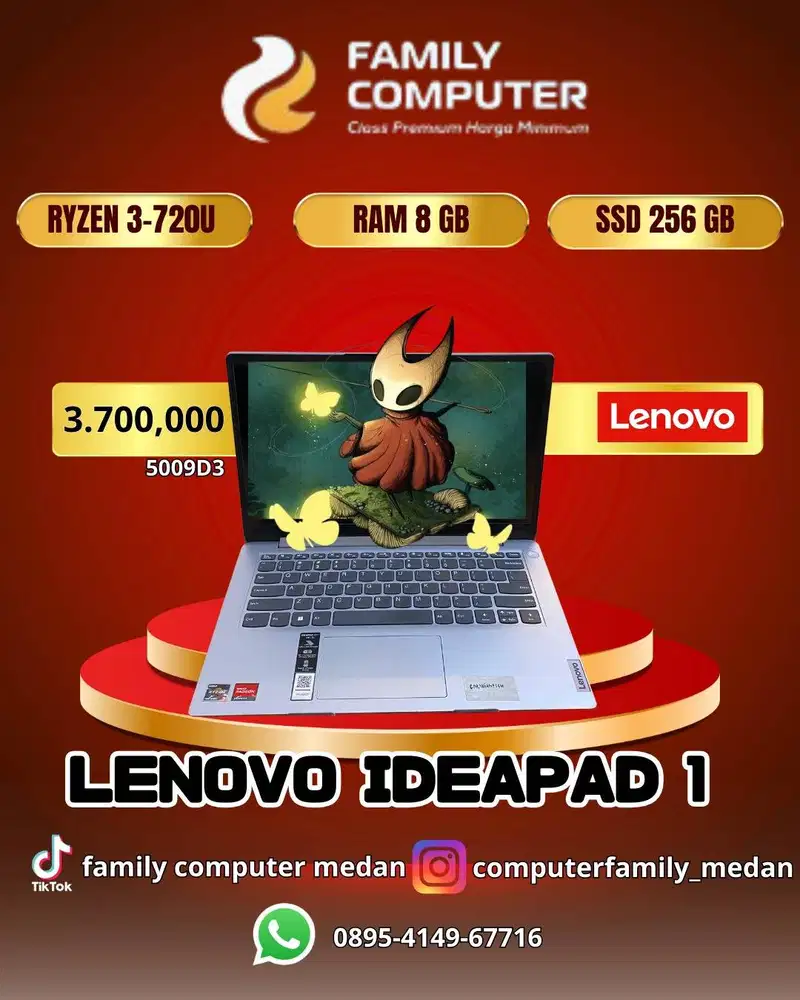 LAPTOP LENOVO IDEAPAD 1 AMD RYZEN 3-7200|RAM 8GB|SSD 256GB|SIAP PAKAI|