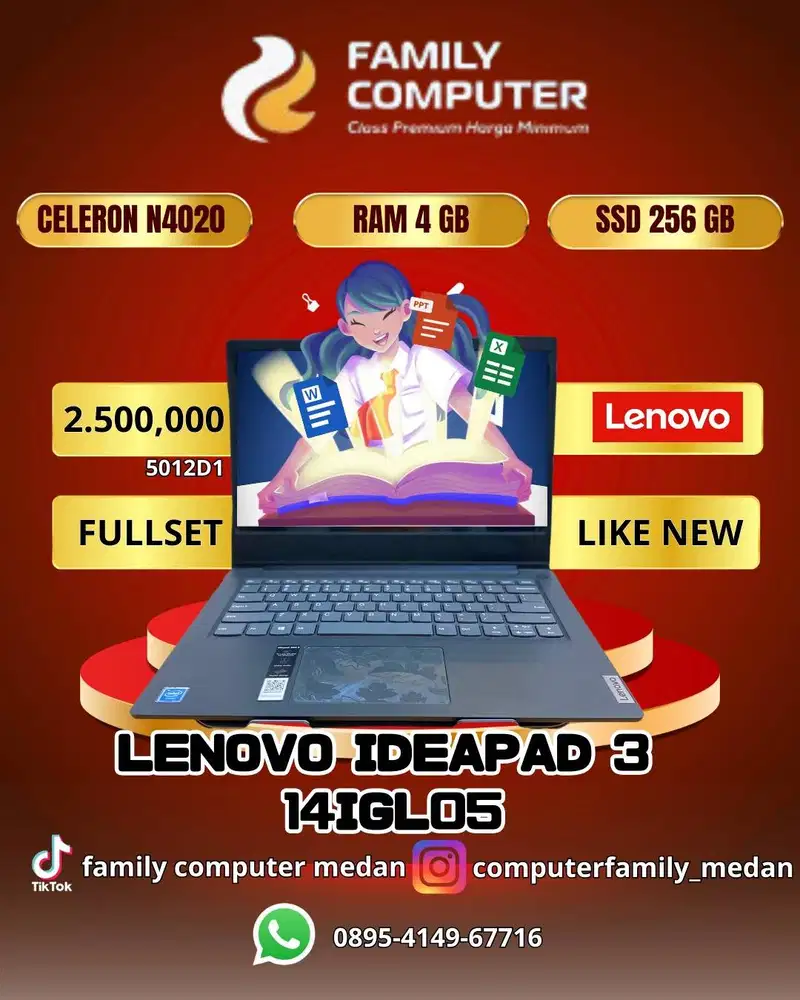 LENOVO IDEAPAD 3 SLIM FULLSET|CELERON N4020|RAM 4GB|SSD 256GB|GARANSI|