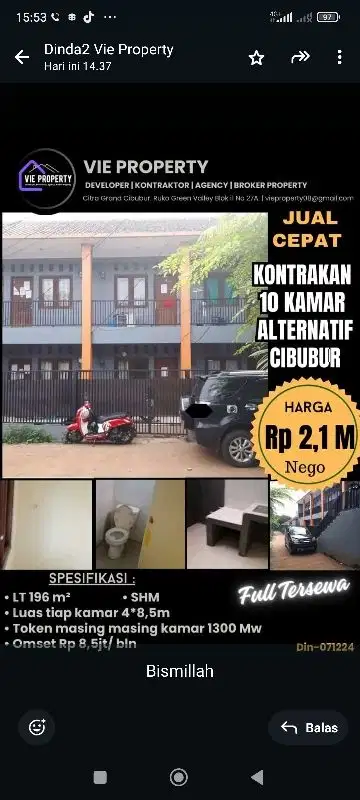 kontrakan di alternatif cibubur gercep BU