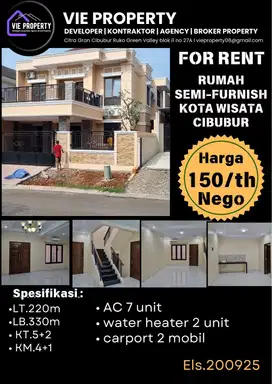 Sewakan Rumah Cantik Semi Furnish 150 Jt Nego. Kota Wisata Cibubur.