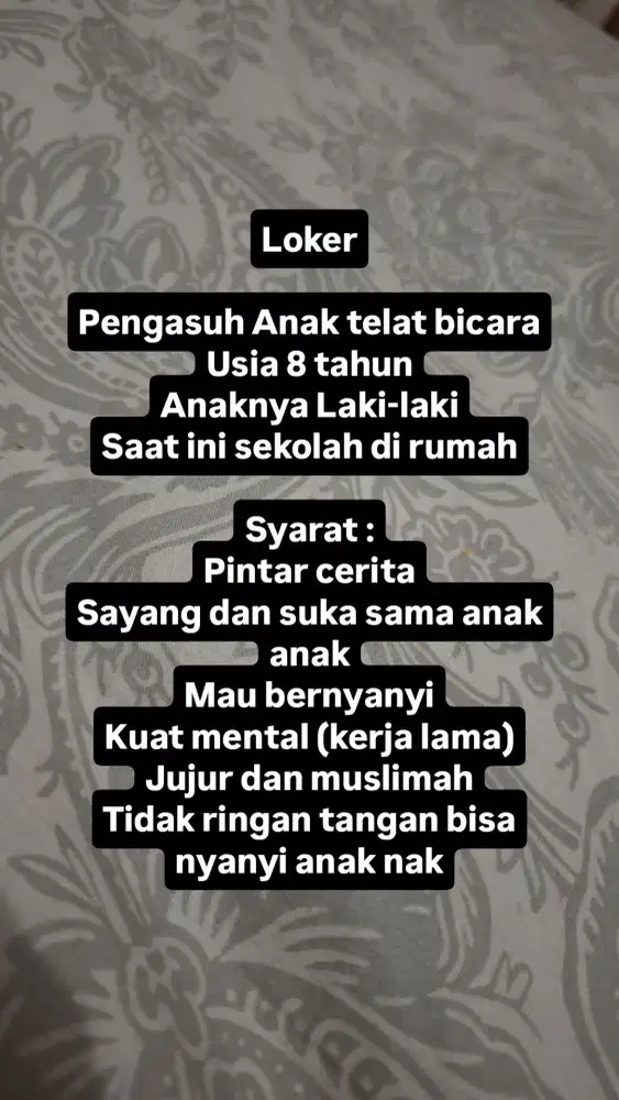 LOKER PENGASUH ANAK (KONTRAK 6 bulan)