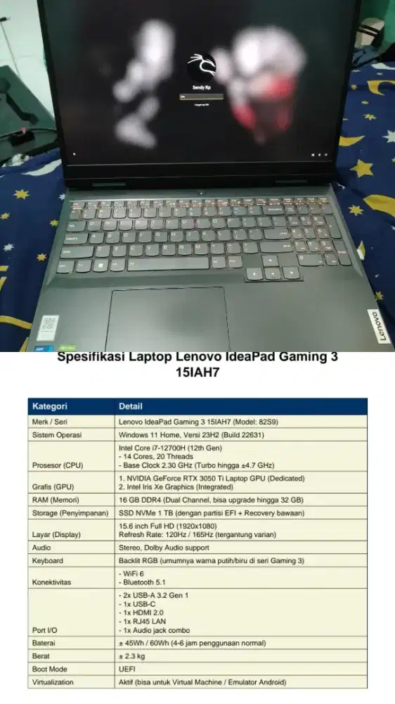 Lenovo IdeaPad Gaming3 15IAH7 IntelCore i7-12700HGen12th, Ram16 SSD1TB