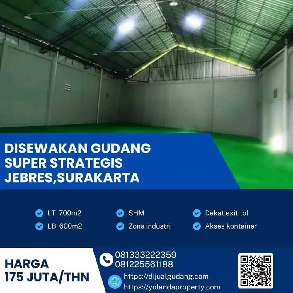 Disewa Gudang Super Strategis Zona Industri Jebres, Solo Luas 700m2