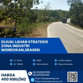 Dijual Lahan Super Strategis Zona Industri Mondokan,Sragen Luas 10 Ha