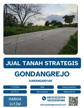 Dijual Lahan Strategis Industri,Lokasi Gondangrejo Karanganyar,10725m2