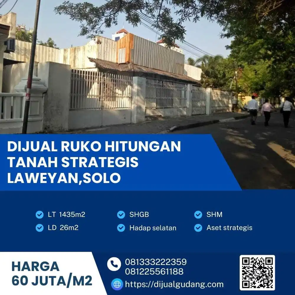 Dijual Cepat Ruko Strategis Pusat kota Solo,Laweyan luas 1435m2