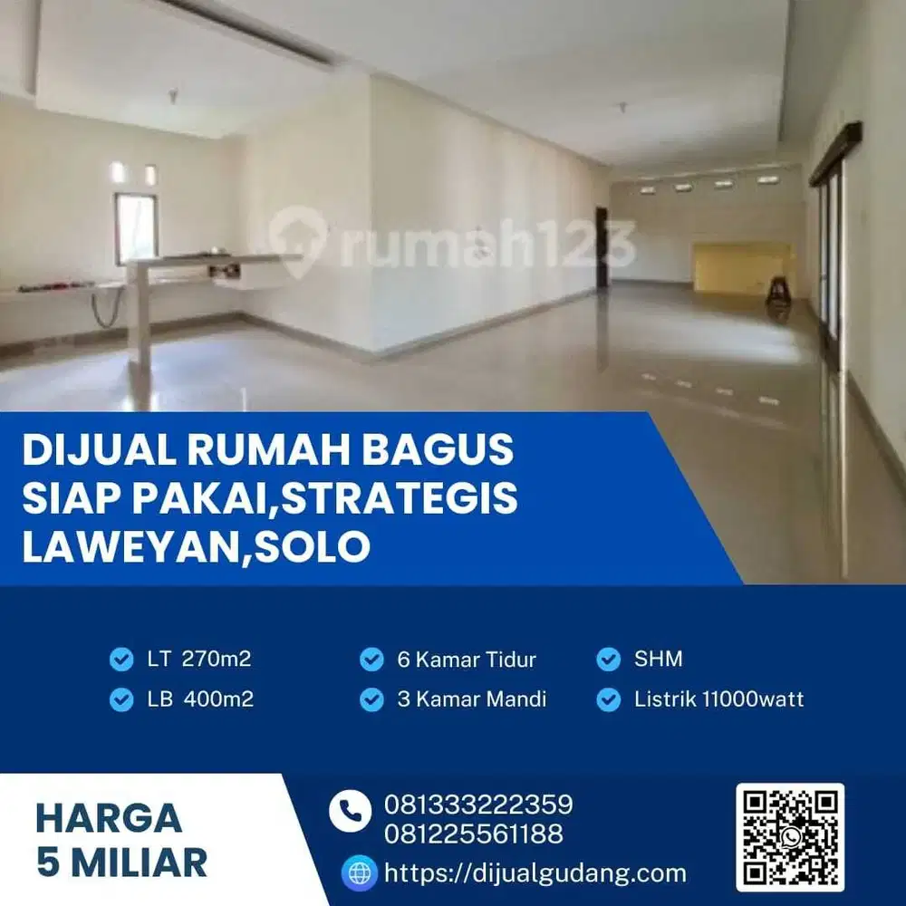 Dijual Rumah 2 Lantai Siap Pakai,Strategis Laweyan,Solo Luas 270m2