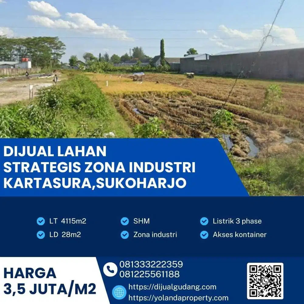 Dijual Lahan Zona Industri Super Strategis Kartasura,Sukoharjo 4115m2