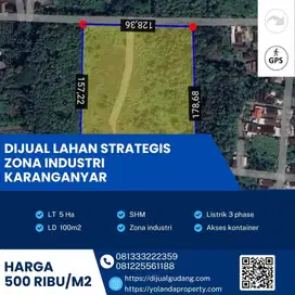 Dijual Lahan Super Strategis Zona Industri Karanganyar Luas 5 Ha
