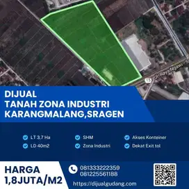 Dijual tanah industri sangat strategis lokasi Sragen Luas 3.7 Ha BU!