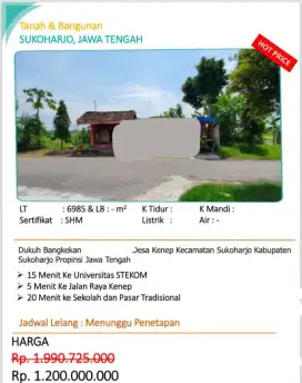 Dijual Tanah Sawah Dukuh Bangkekan Sukoharjo