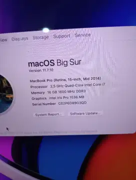 Macbook pro A1398 core i7 ram 16gb,SSD 256gb 15inc