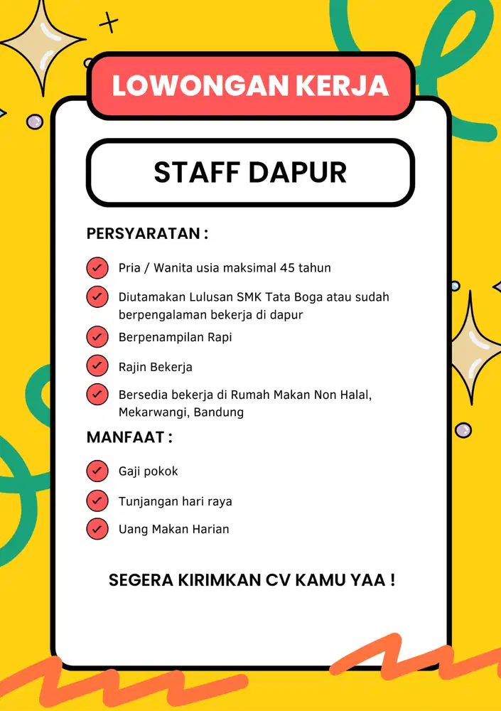 DIBUTUHKAN SEGERA STAFF DAPUR