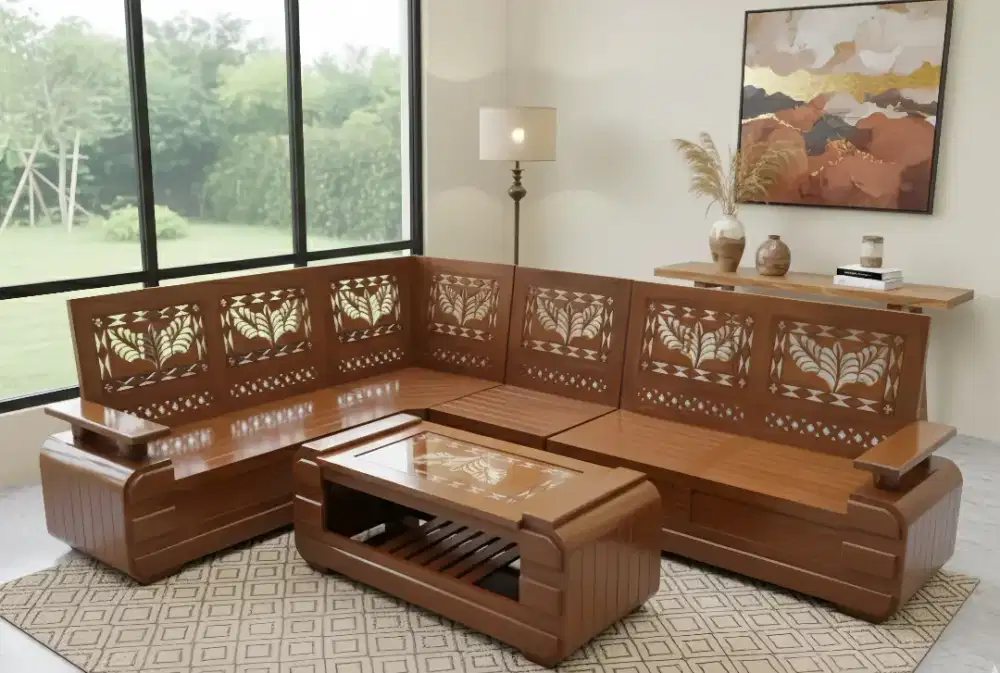 Kursi Sudut Jati Ukir Daun Modern  – Furniture Ruang Tamu Elegan